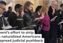 Dozens of immigrants from 18 nations take the oath to become U.S. citizens on Jan. 27, 2025, in Topeka, Kan. AP Photo/John Hanna